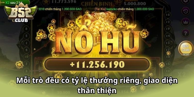 Mỗi trò đều có tỷ lệ thưởng riêng, giao diện thân thiện